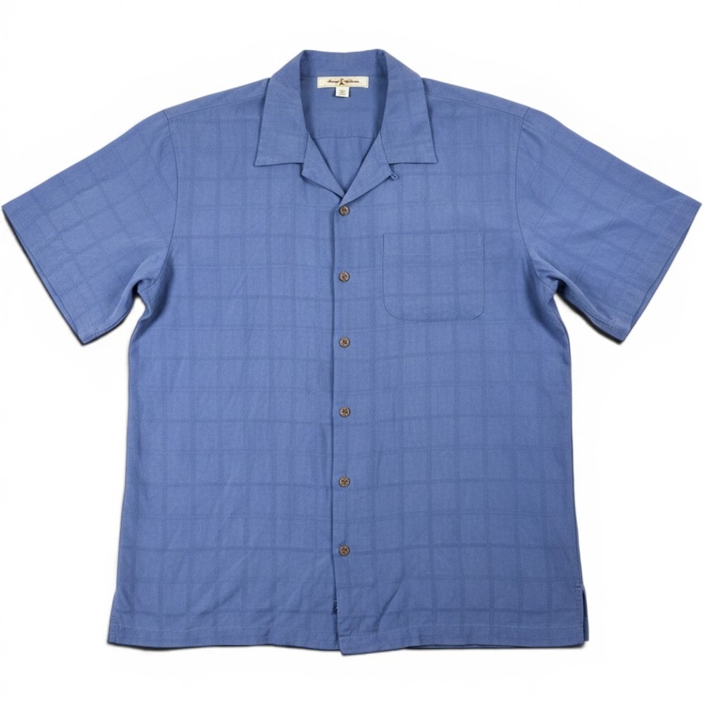Tommy Bahama Men XL Blue Silk Camp Shirt Martini Embroidered Short Sleeve